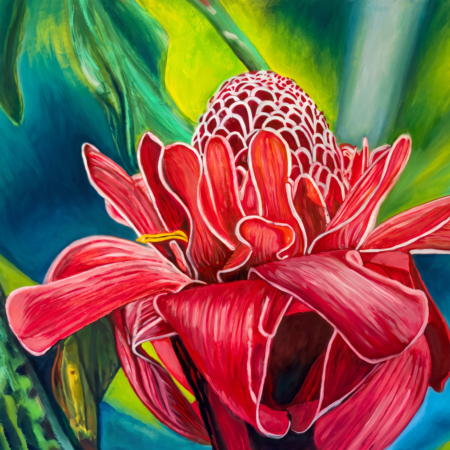 Awapuhi-ula-ula Maui Tropical Flower Oil Painting of a Red Giner flower located in Twin Falls Maui Hawaii